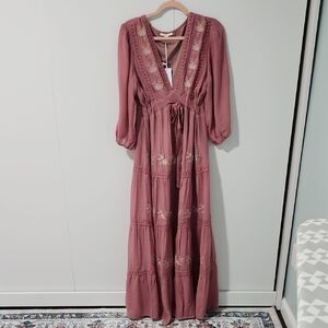 BAEVELY NEW Pink Embroidered Tiered MAXI dress with Bishop Sleeves Medium